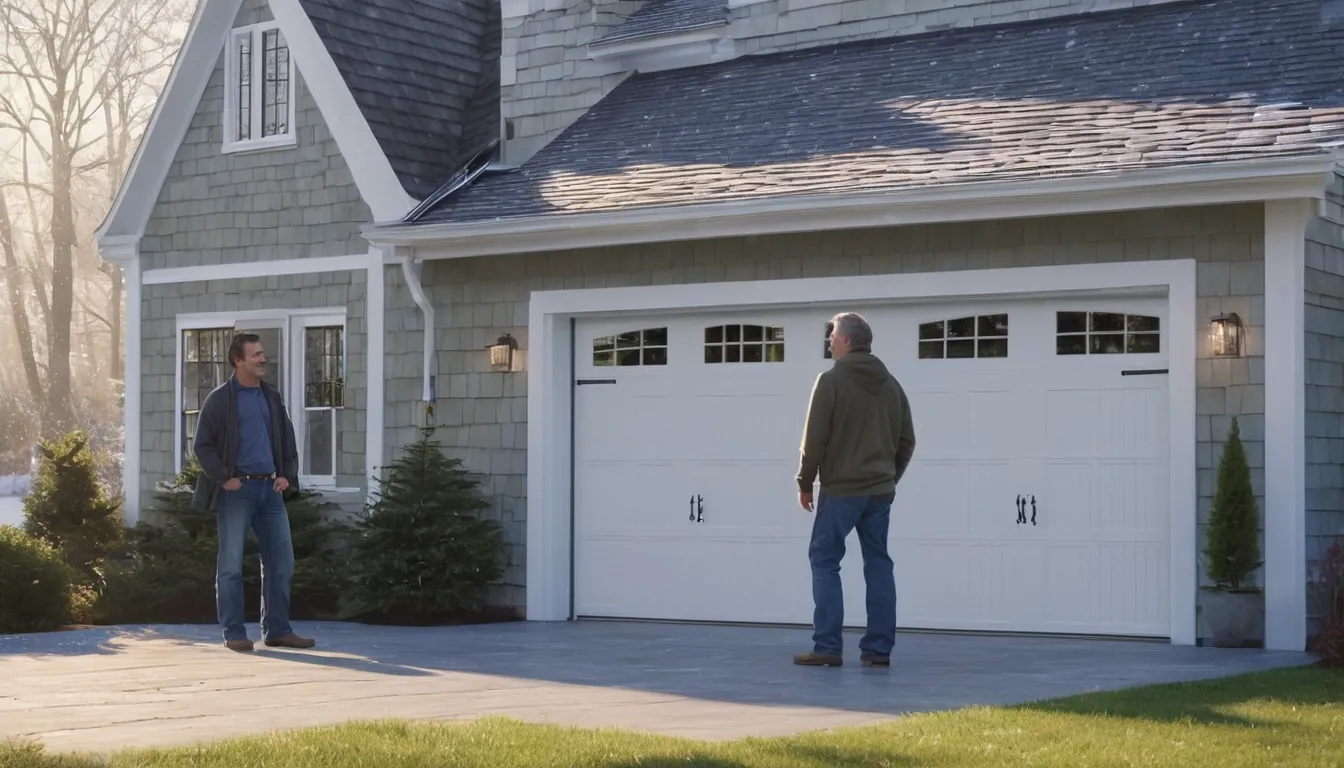 A friendly provider and a homeowner reviewing a new garage door on a driveway in Hartford